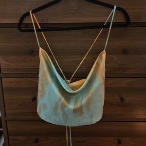 12th Tribe I turquoise and light orange “tie dye” cowl neck crop top